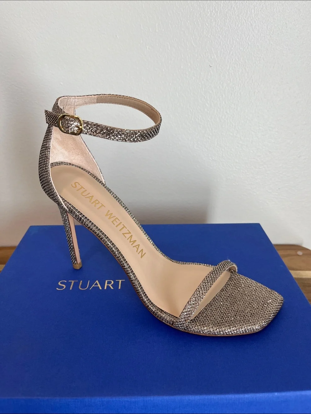 Stuart Weitzman Metallic Gold Ankle-Strap Stiletto Sandal Retail $475